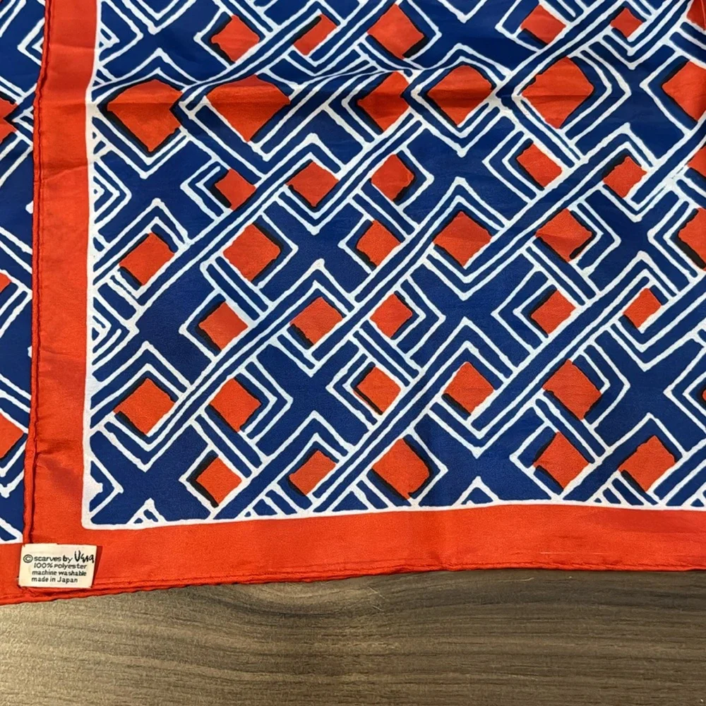 Vera Rectangular Geo Abstract Red White Blue Vintage Scarf Japan 44”x15 1/2”